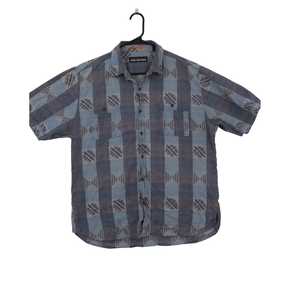 Reyn Spooner Mens XL Blue Grey Geometric Check Short‎ Sleeve Cotton Button Shirt